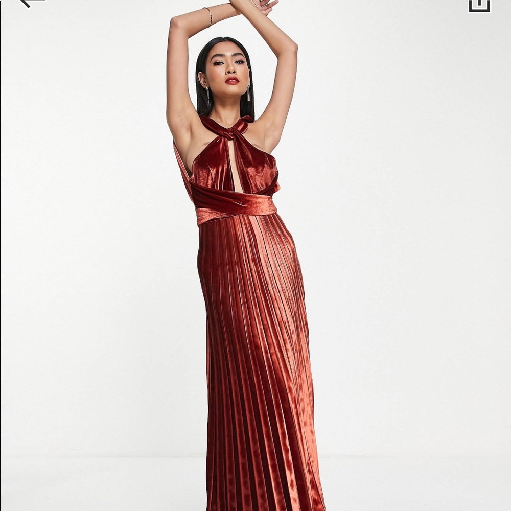 ASOS DESIGN halter cross waist velvet pleated maxi dress in rust